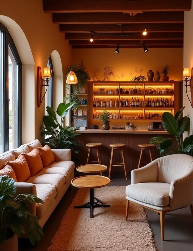 The cozy interior of Parchment Perk with comfortable seating and warm lighting.